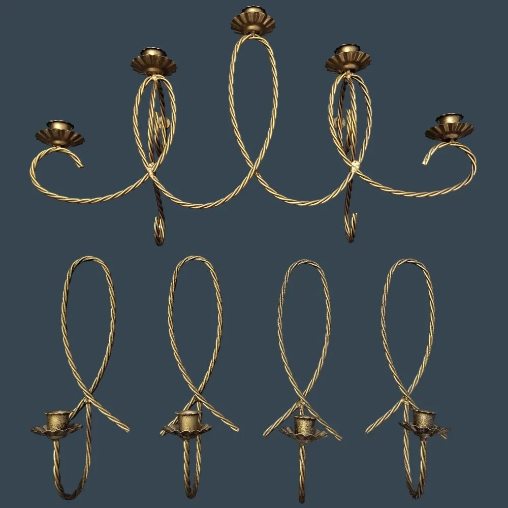 Vintage MCM Wall Candle Holder & Sconce Set Gold Tone Gilt Metal Rope Twisted